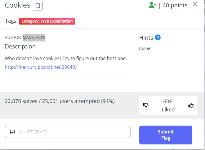 The challenge popup for the picoCTF challenge: Cookies by MADSTACKS